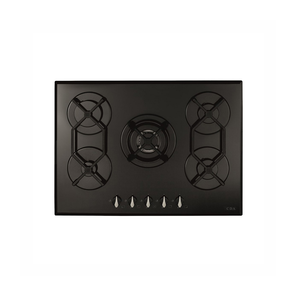 CDA HVG721BL 70cm 5 Ring Gas-on-Glass Hob, Cast Iron Supports, Black